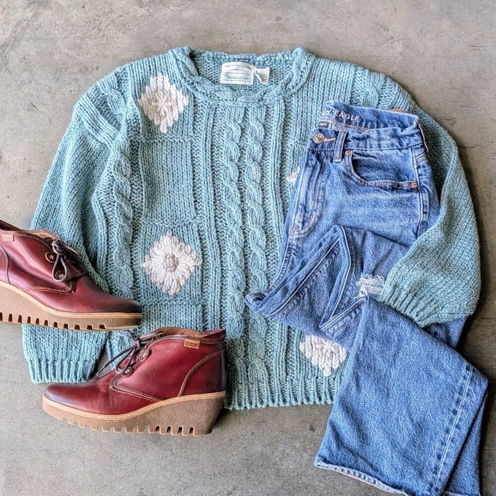 Vintage Shenanigans Teal Blue Handknit Floral Crewneck Sweater large